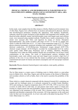 Physical, Chemical and Microbiological Parameters of Iyi Okai Stream in Abiriba, Ohafia Local Government Area, Abia State, Nigeria