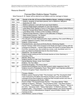 Frances Ellen Watkins Harper Timeline Note Frances E