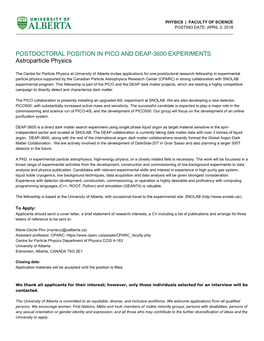 POSTDOCTORAL POSITION in PICO and DEAP-3600 EXPERIMENTS Astroparticle Physics