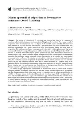 Modus Operandi of Oviposition in Dermacentor Reticulatus (Acari: Ixodidae)