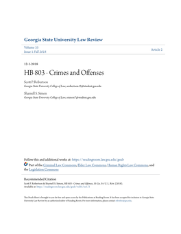 HB 803 - Crimes and Offenses Scott .P Robertson Georgia State University College of Law, Srobertson12@Student.Gsu.Edu