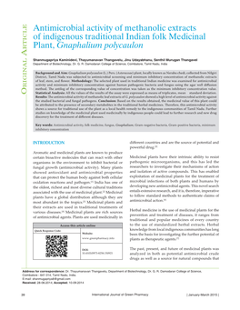 Antimicrobial Activity of Methanolic Extracts of Indigenous Traditional Indian Folk Medicinal