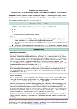 Imported Food Risk Statement Uncooked Ready-To-Eat Spreadable Sausages and Shiga Toxin-Producing Escherichia Coli