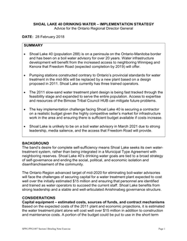 SHOAL LAKE 40 DRINKING WATER – IMPLEMENTATION STRATEGY Advice for the Ontario Regional Director General