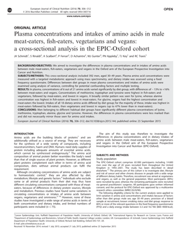 Plasma Concentrations and Intakes of Amino Acids in Male Meat-Eaters, ﬁsh-Eaters, Vegetarians and Vegans: a Cross-Sectional Analysis in the EPIC-Oxford Cohort
