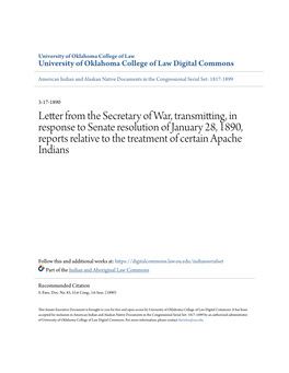 Letter from the Secretary of War, Transmitting, in Response to Senate Resolution of January 28, 1890, Reports Relative to the Treatment of Certain Apache Indians