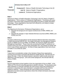 Audio Transcript Component 5 History of Health Information Technology