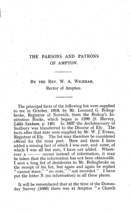 The Parsons and Patrons of Ampton W. A. Wickham