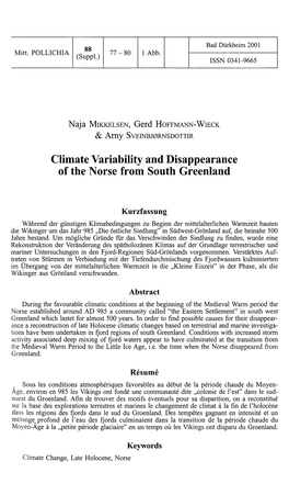 Climate Variability and Disappearance of the Norse from South Greenland