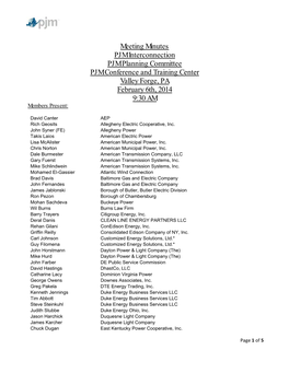 Meeting Minutes PJM Interconnection PJM Planning Committee PJM Conference and Training Center Valley Forge, PA February 6Th, 2014 9:30 AM Members Present