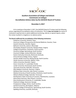 Southern Association of Colleges and Schools Commission on Colleges Accreditation Actions Taken by the SACSCOC Board of Trustees