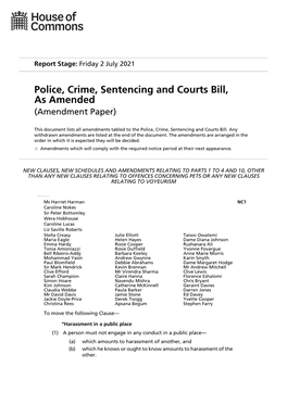 Police, Crime, Sentencing and Courts Bill, As Amended (Amendment Paper)