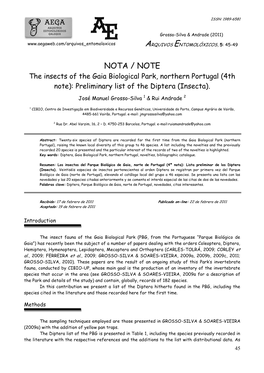 NOTA / NOTE the Insects of the Gaia Biological Park, Northern Portugal (4Th Note): Preliminary List of the Diptera (Insecta)