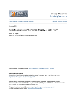 Revisiting Sophocles' Poimenes: Tragedy Or Satyr Play?