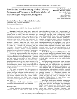 Food Safety Practices Among Native Delicacy Producers and Vendors In