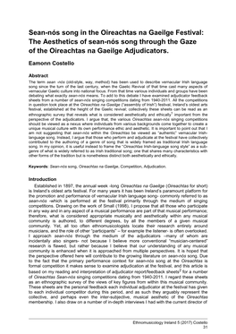 Sean-Nós Song in the Oireachtas Na Gaeilge Festival: the Aesthetics of Sean-Nós Song Through the Gaze of the Oireachtas Na Gaeilge Adjudicators