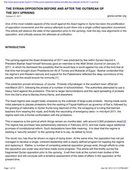THE SYRIAN OPPOSITION BEFORE and AFTER the OUTBREAK of the 2011 UPRISING October 27, 2011 Gloria-Center.Org