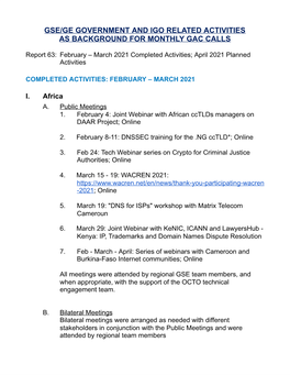 Gse/Ge Government and Igo Related Activities As Background for Monthly Gac Calls