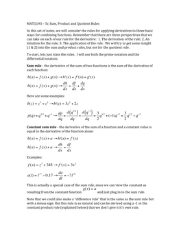 H(X) = F (X)+ G(X) → Dh Dx = Df Dx + Dg Dx B(Z)