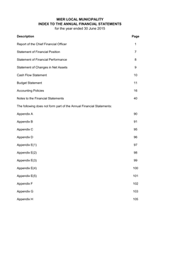 MIER LOCAL MUNICIPALITY INDEX to the ANNUAL FINANCIAL STATEMENTS for the Year Ended 30 June 2015