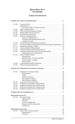 House Bill No. 1 Engrossed Table of Contents