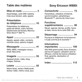 Table Des Matières Sony Ericsson W880i