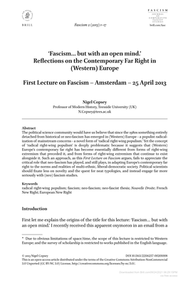 Reflections on the Contemporary Far Right in (Western) Europe First Lecture on Fascism