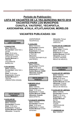 Período De Publicación: LISTA DE VACANTES DE LA 1RA.QUINCENA MAYO 2018 VACANTES PARA LOS MUNICIPIOS: CUAUTLA, YAUTEPEC, YECAPI