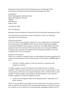 Tasmanian Conservation Trust Submission on the Meander Dam Development Proposal and Environmental Management Plan