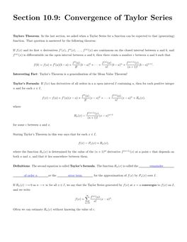 Section 10.9: Convergence of Taylor Series