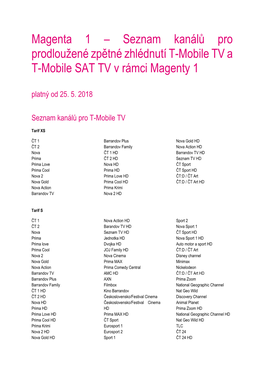 Seznam Kanálů Pro Prodloužené Zpětné Zhlédnutí T-Mobile TV a T-Mobile SAT TV V Rámci Magenty 1 Platný Od 25