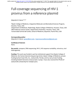 Full-Coverage Sequencing of HIV-1 Provirus from a Reference Plasmid