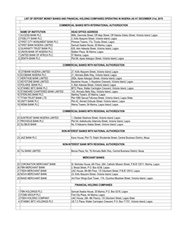 LIST of DEPOSIT MONEY BANKS and FINANCIAL HOLDING COMPANIES OPERATING in NIGERIA AS at DECEMBER 31St, 2019