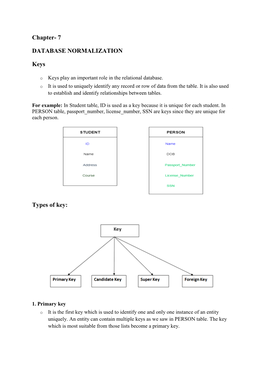 Chapter- 7 DATABASE NORMALIZATION Keys Types of Key