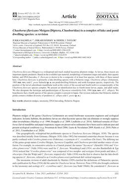 Chaoborus Flavicans Meigen (Diptera, Chaoboridae) Is a Complex of Lake and Pond Dwelling Species: a Revision