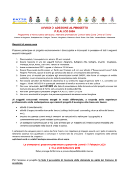 AVVISO DI ADESIONE AL PROGETTO P.R.At.I.CO 2020