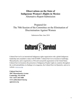 Observations on the State of Indigenous Women's Rights in Mexico Alternative Report Submission Prepared For: the 70Th Session