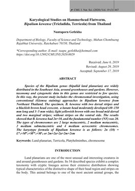 Karyological Studies on Hammerhead Flatworm, Bipalium Kewense (Tricladida, Terricola) from Thailand