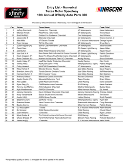 Entry List - Numerical Texas Motor Speedway 16Th Annual O'reilly Auto Parts 300