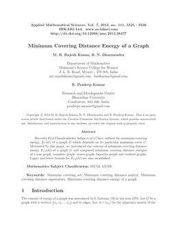 Minimum Covering Distance Energy of a Graph 1 Introduction