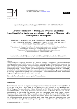 (Bivalvia: Unionidae: Lamellidentini), a Freshwater Mussel Genus Endemic to Myanmar, with a Description of a New Species