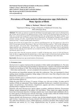 Haemoproteus Spp.) Infection in Many Species of Birds