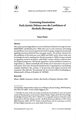 Contesting Intoxication: Early Juristic Debates Over the Lawfulness of Alcoholic Beverages*