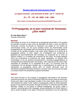 TV-Propaganda, En El Paro Nacional De Venezuela: ¿Quo Vadis?