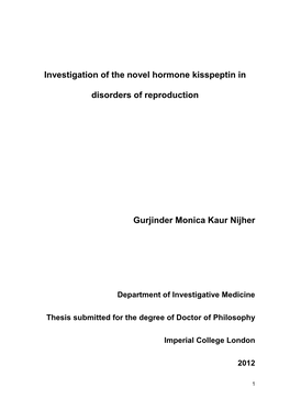 Investigation of the Novel Hormone Kisspeptin in Disorders Of