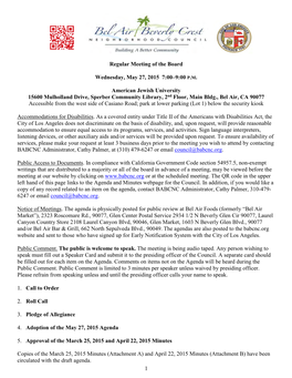 1 Regular Meeting of the Board Wednesday, May 27, 2015 7:00–9