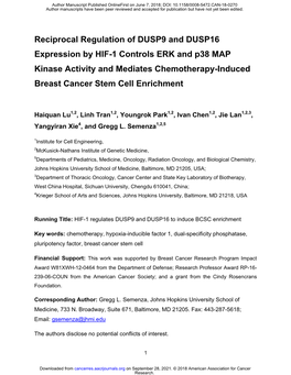 Reciprocal Regulation of DUSP9 and DUSP16 Expression by HIF-1 Controls ERK and P38 MAP Kinase Activity and Mediates Chemotherapy