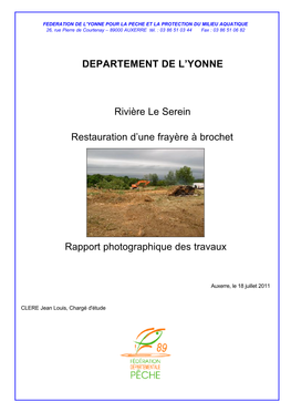 DEPARTEMENT DE L'yonne Rivière Le Serein Restauration D'une