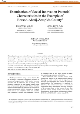 Examination of Social Innovation Potential Characteristics in the Example of Borsod-Abaúj-Zemplén County1