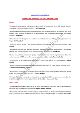 Current Affairs of December 2015